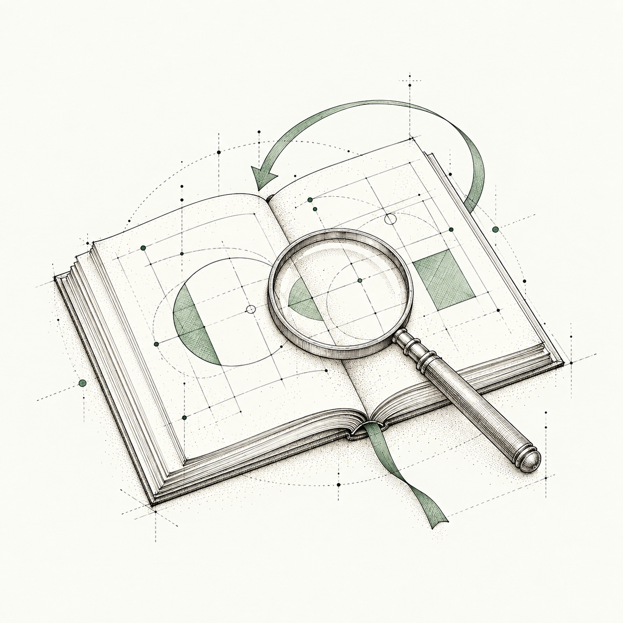 A pen sketch of a notebook under a magnifying glass, with a green feedback loop returning to its pages.