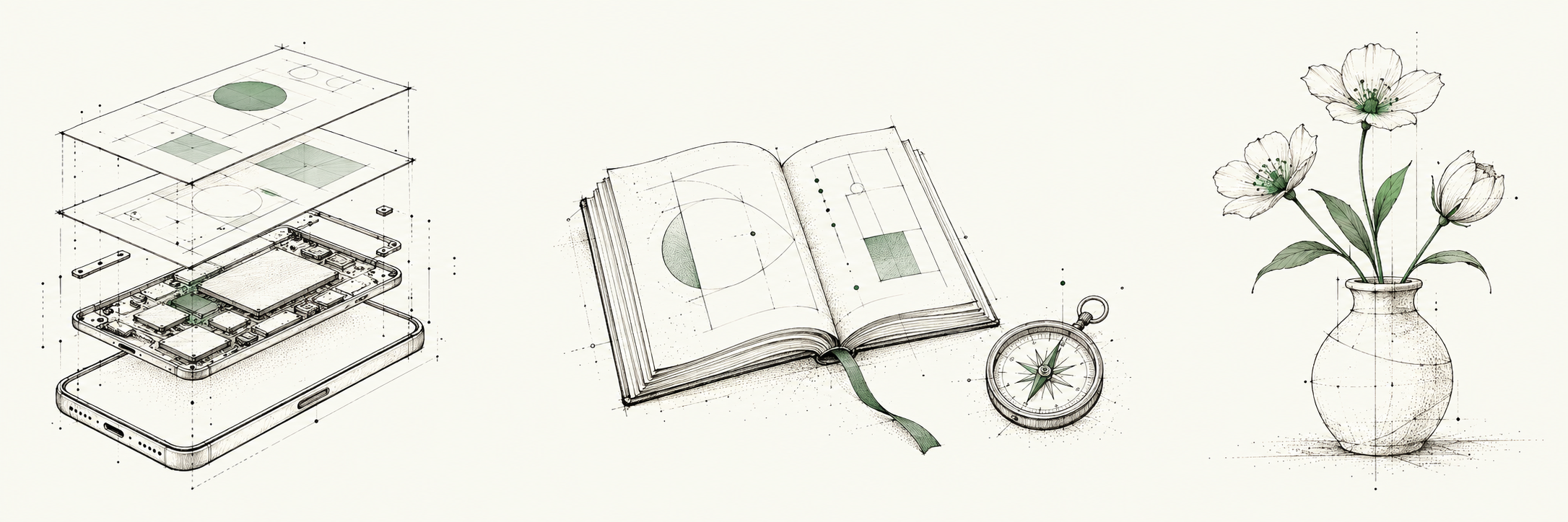 A sketched book and compass for exploring a question.
